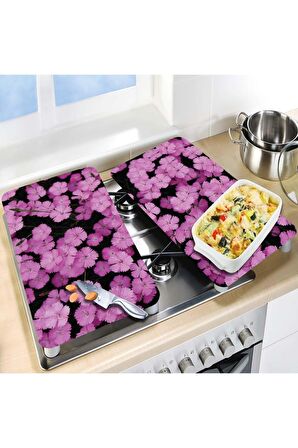 Cam Ocak Koruyucu ve Kesim Tablası Çoklu Mor Çiçekler  (80cm x 52cm) 2 Parça, 5'li Ocaklar